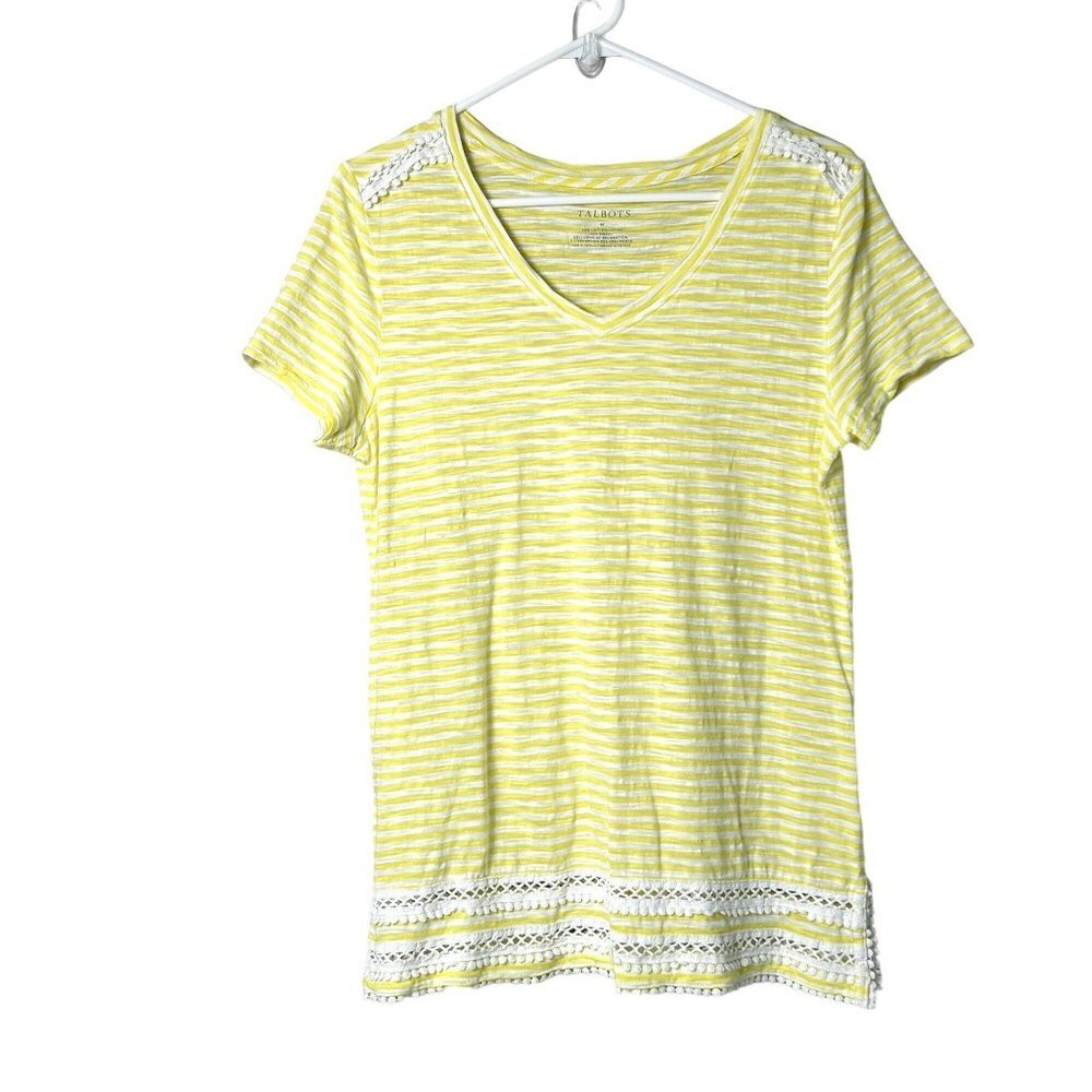 Talbots Top Womens‎ Size M Yellow White Striped V Neck Crochet T Shirt